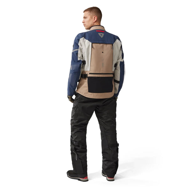 REVIT Sand 5 H2O jacket rear view on rider long distance touring motorcycle gear