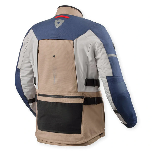 REVIT Sand 5 H2O jacket rear view sand blue multi pocket touring motorcycle jacket