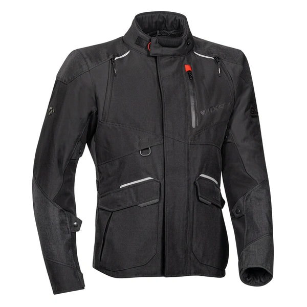 IXON Balder all seasons textile motorcycle jacket black front view waterproof touring jacket