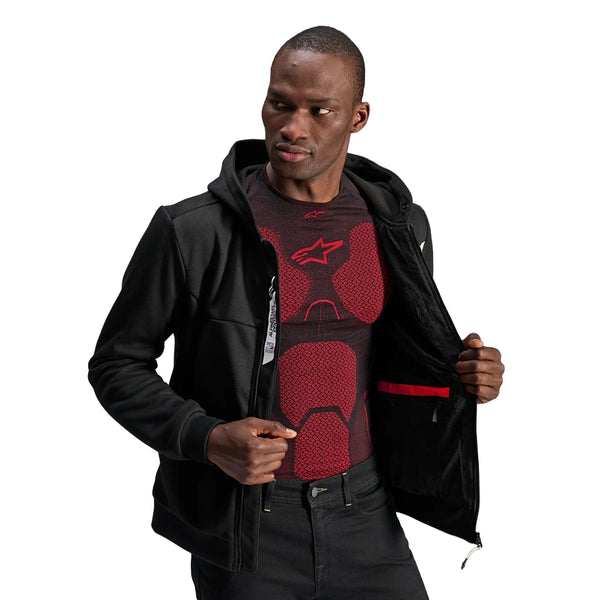 Alpinestars Chrome V2 hoodie open view showing inner layer casual riding jacket