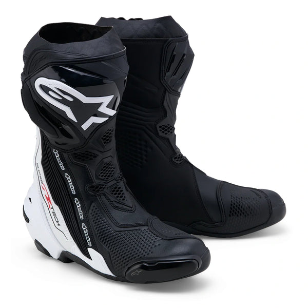 Alpinestars Supertech R V2 white and black motorcycle racing boots pair