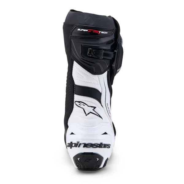 Alpinestars Supertech R V2 white and black motorcycle racing boot rear view