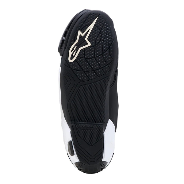 Alpinestars Supertech R V2 white and black motorcycle racing boot sole view