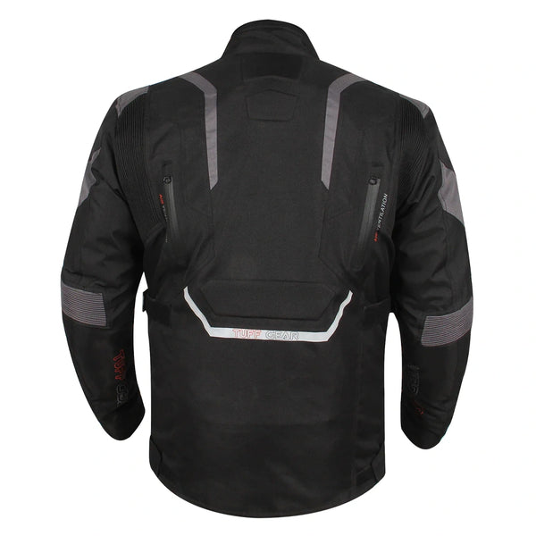 rear view Tuff Gear Titan motorcycle jacket reflective touring gear