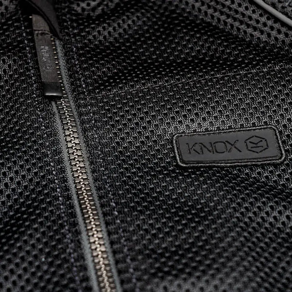 Knox branded mesh motorcycle jacket chest panel close up