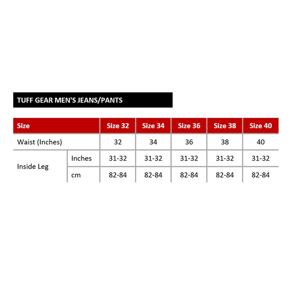 Tuff Gear waterproof armoured textile pants size chart