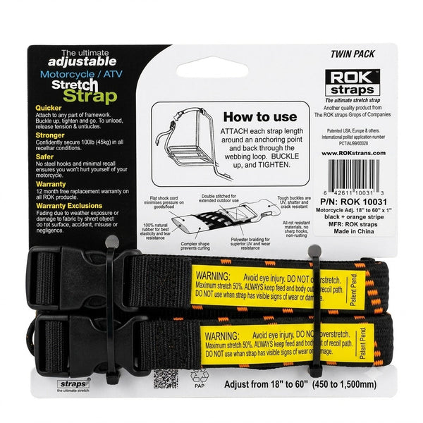 ROK Straps Motorcycle Adjustable Strap – Black/Orange (Pair)